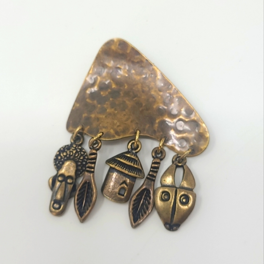 Vtg copper tribal dangle charms pin brooch